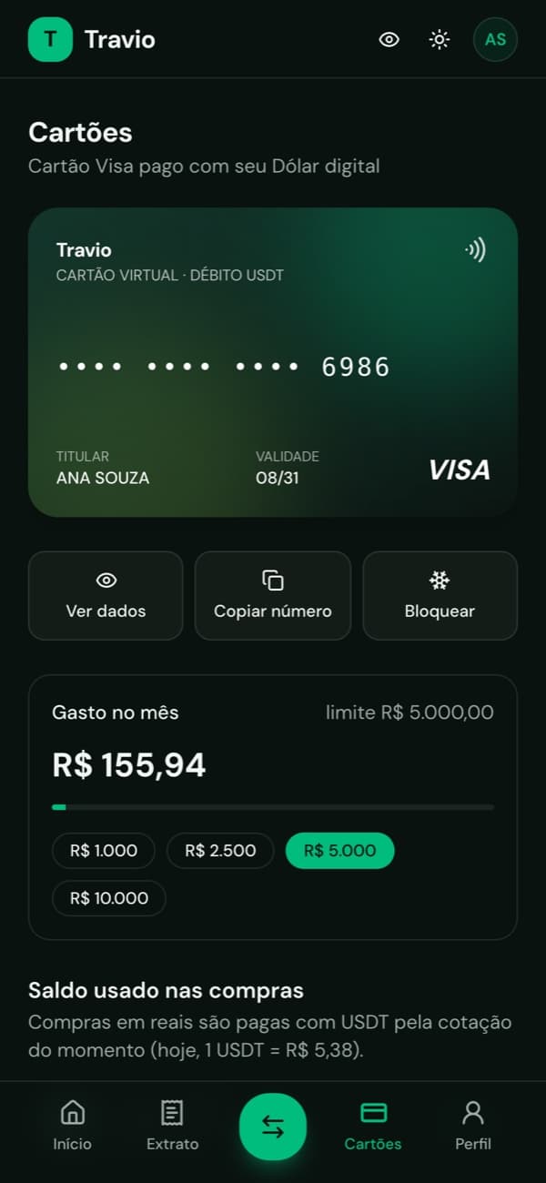 Tela do cartão pago com USDT