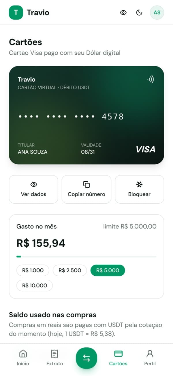 Tela do cartão pago com USDT