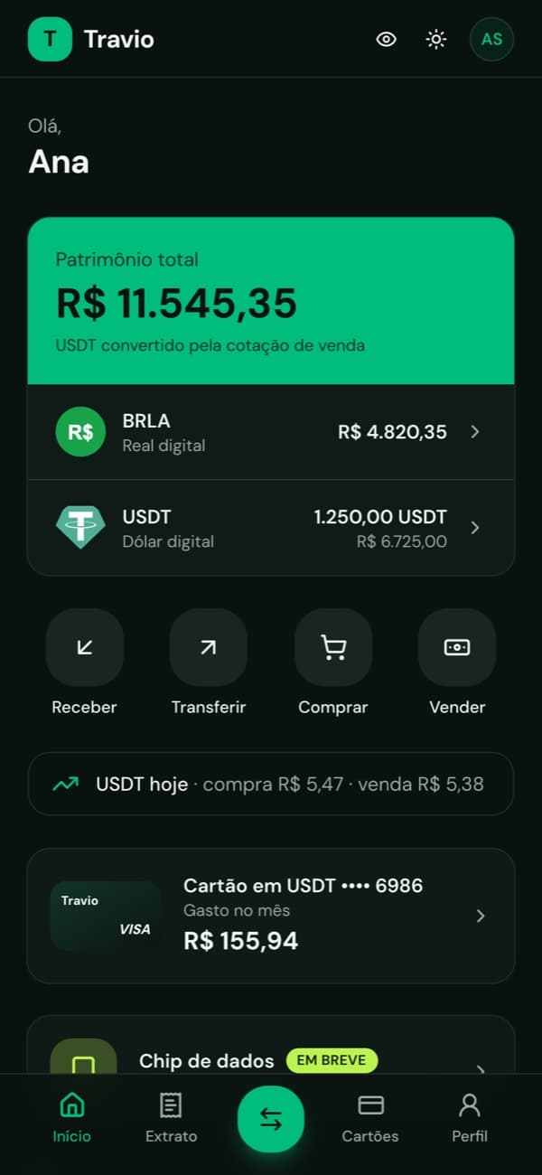 Tela inicial com saldos em BRLA e USDT