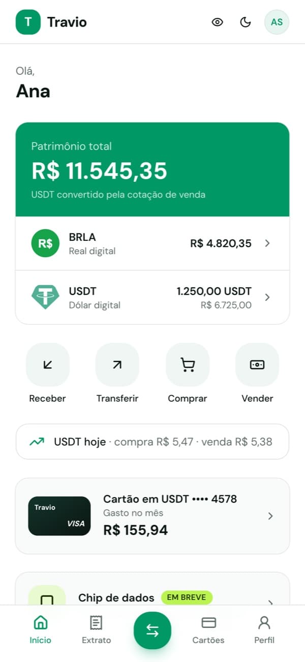 Tela inicial com saldos em BRLA e USDT