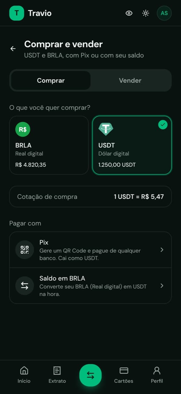 Compra e venda de USDT e BRLA