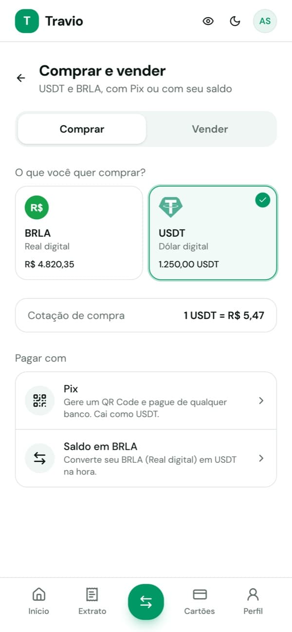 Compra e venda de USDT e BRLA